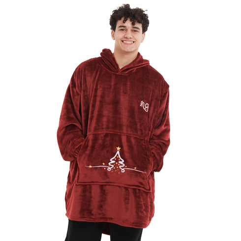 Snuggs Blanket Hoodie Dark Red Christmas Tree Pocket